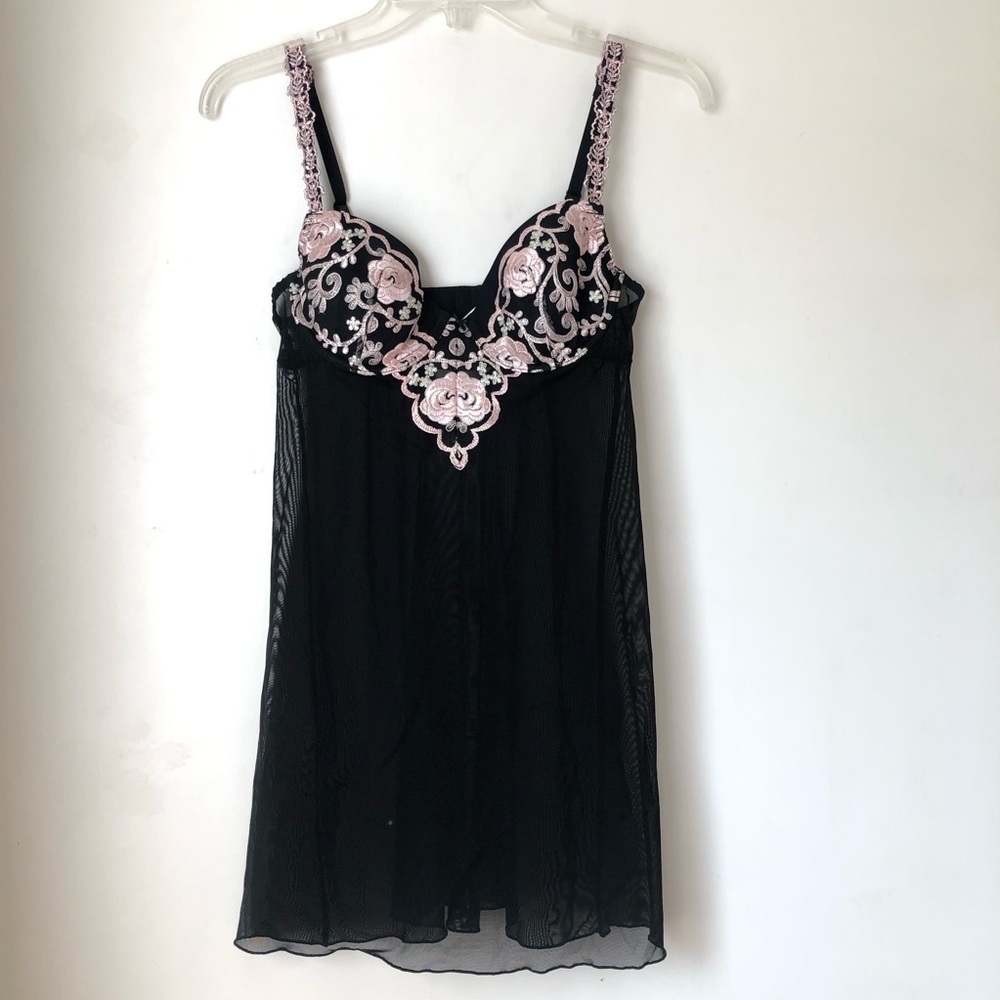 Parisa Vintage Y2K 00s Black Floral Embroidered Sheer Mesh Babydoll 34B